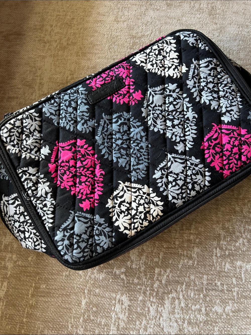 Vera Bradley Black Quilted Travel Pouch with Pink & Gray Medallion Print